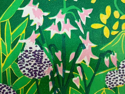 Notes on a Garden delicate florals and woodblock carving close up